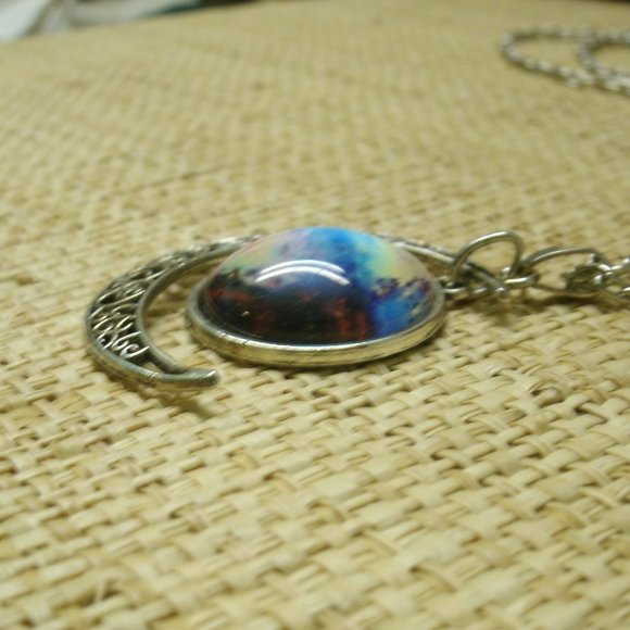 Crescent Moon with Nebula Cabochon Dangle Necklace - Picture 5 of 14